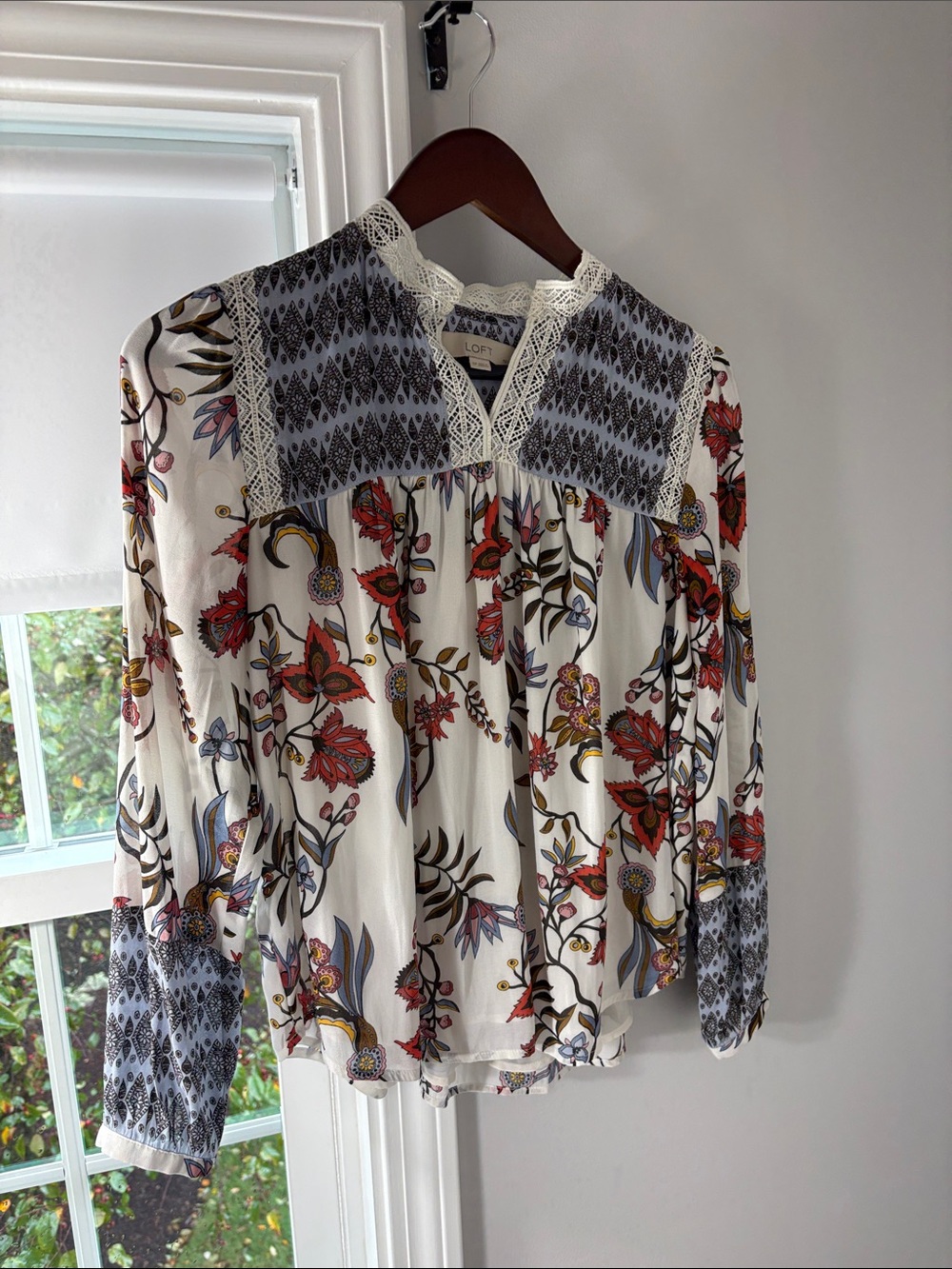 LOFT Cream Floral Blouse with Red & Blue Accents